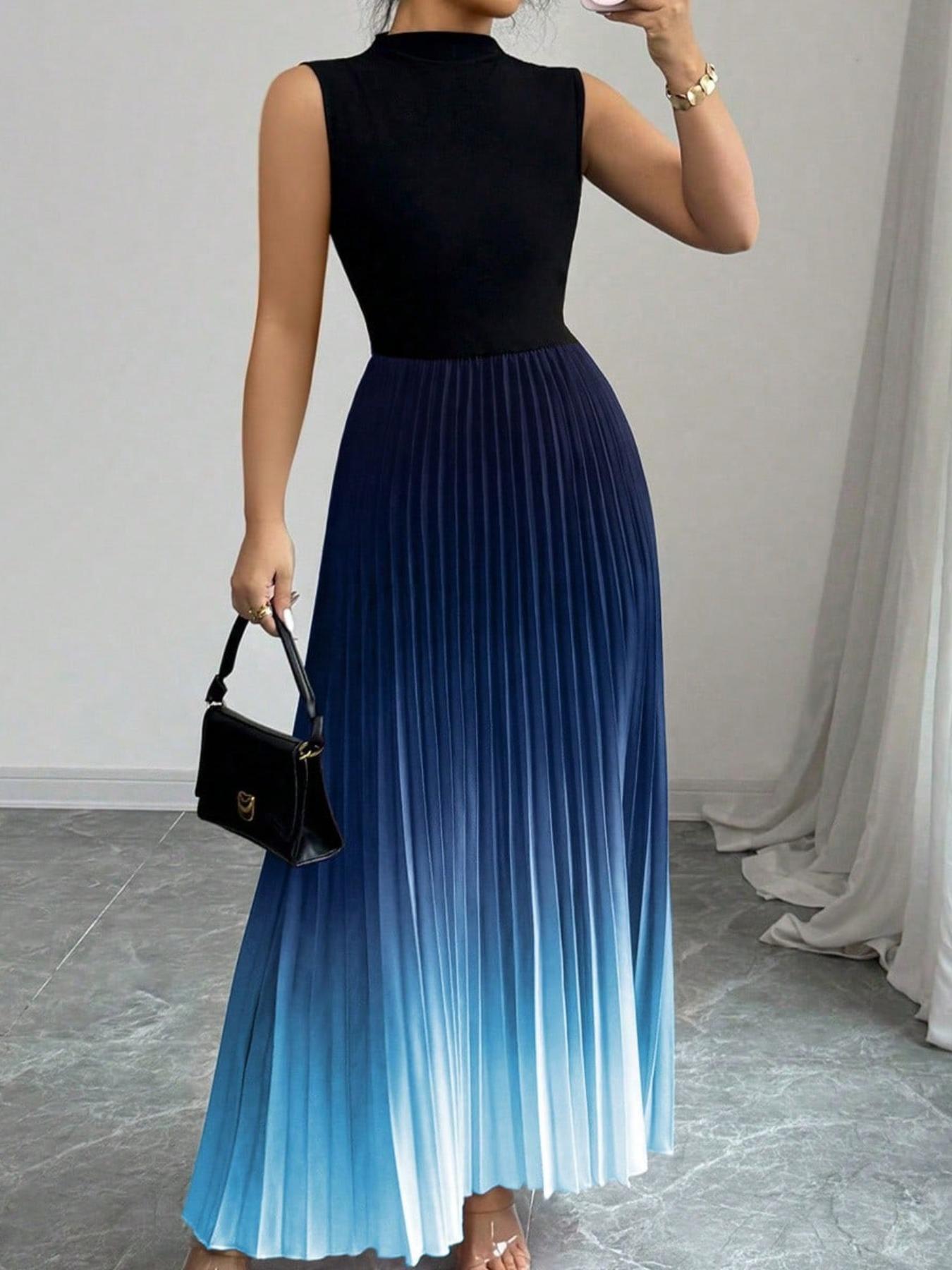 👗Ombre Pleated Sleeveless Mock Neck Maxi Dress❤️