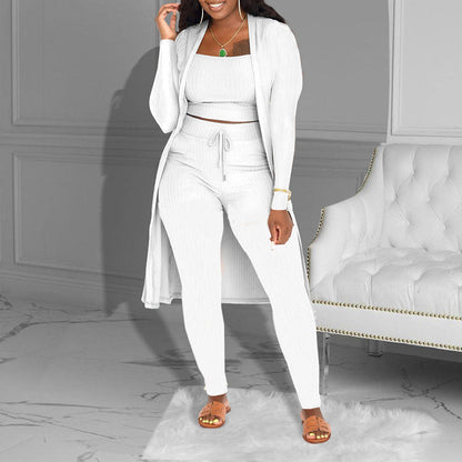 Casual 3-Piece Knit Set – Cropped Top, Cardigan & Pants
