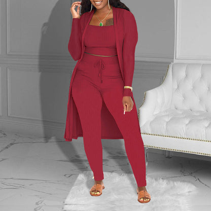 Casual 3-Piece Knit Set – Cropped Top, Cardigan & Pants