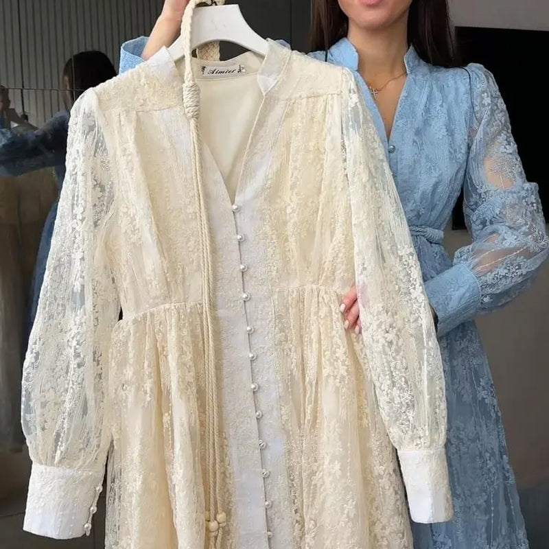 Vintage Embroidered Lantern Sleeve Dress