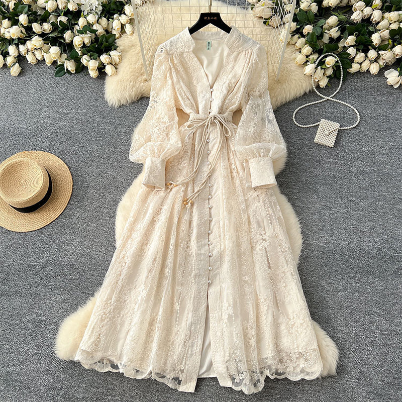 Vintage Embroidered Lantern Sleeve Dress