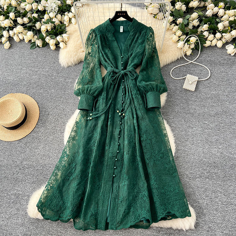 Vintage Embroidered Lantern Sleeve Dress