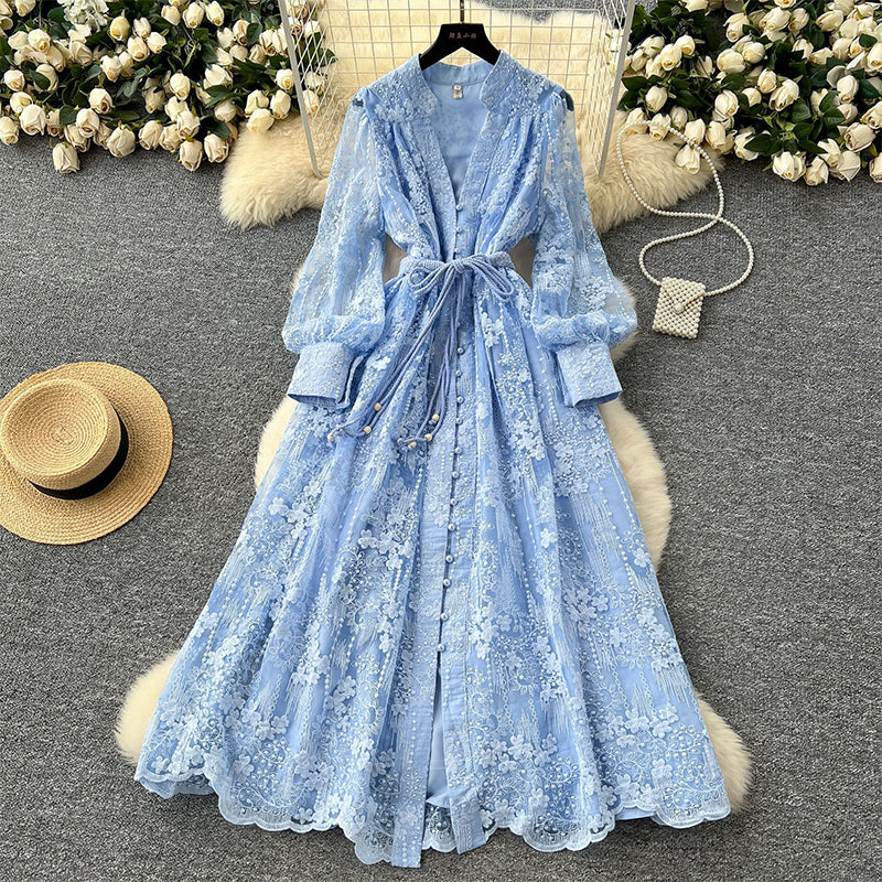 Vintage Embroidered Lantern Sleeve Dress