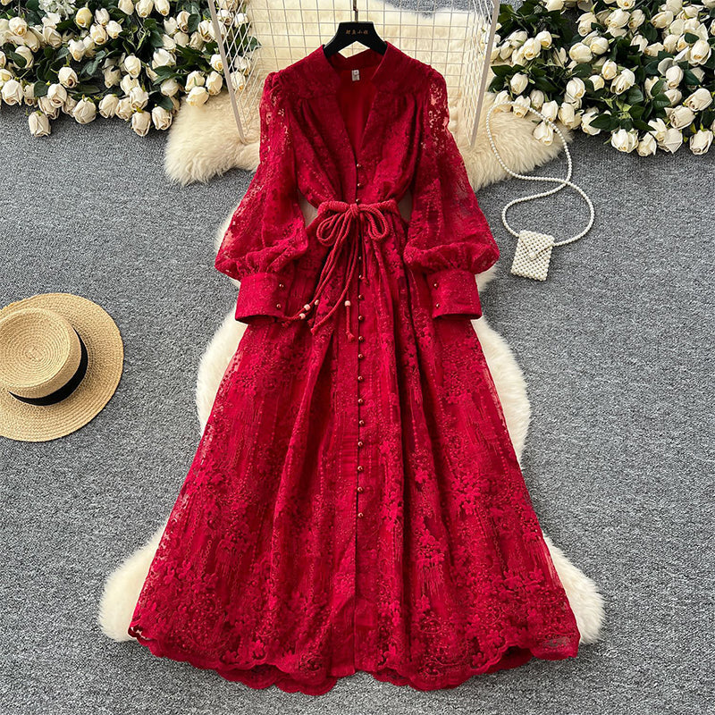 Vintage Embroidered Lantern Sleeve Dress