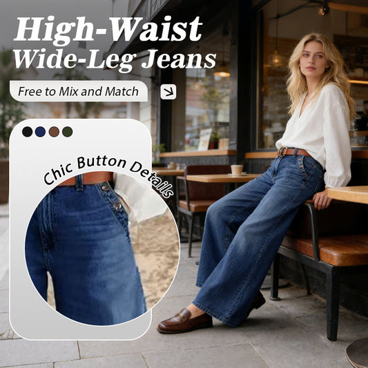 High-Waist Wide-Leg Jeans with Button Detail – Vintage Flair, Premium Washed Denim & Flattering Silhouette 👖✨