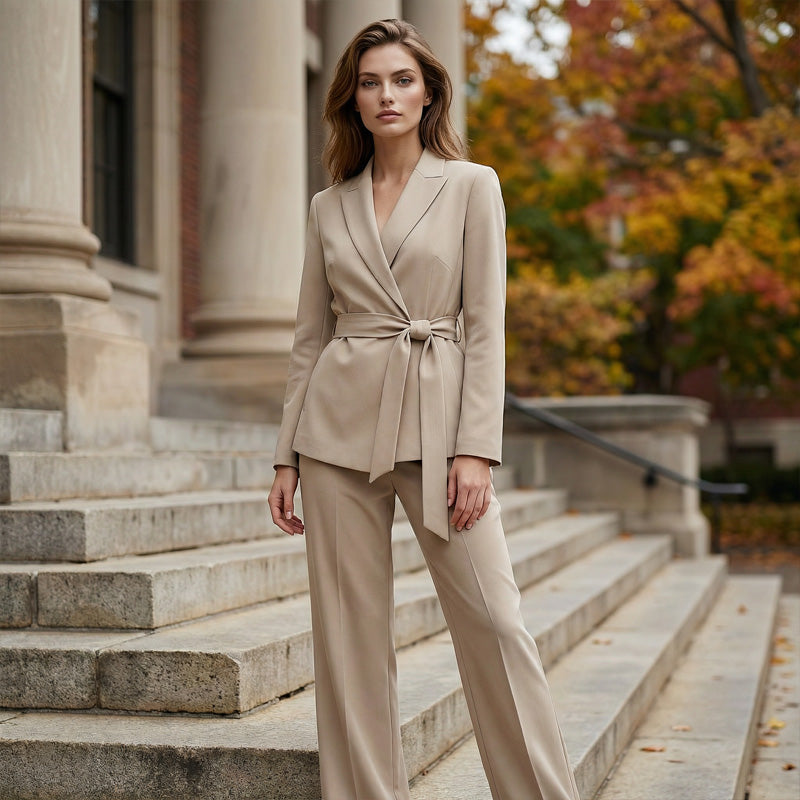 Women's Elegant Tie-Waist Blazer and Wide-Leg Pants Suit Set