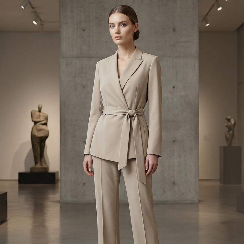 Women's Elegant Tie-Waist Blazer and Wide-Leg Pants Suit Set