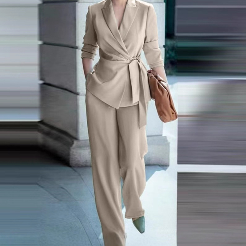 Women's Elegant Tie-Waist Blazer and Wide-Leg Pants Suit Set