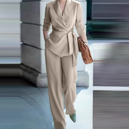 Women's Elegant Tie-Waist Blazer and Wide-Leg Pants Suit Set