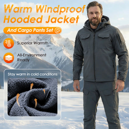 Warm Windproof Hooded Jacket and Cargo Pants Set