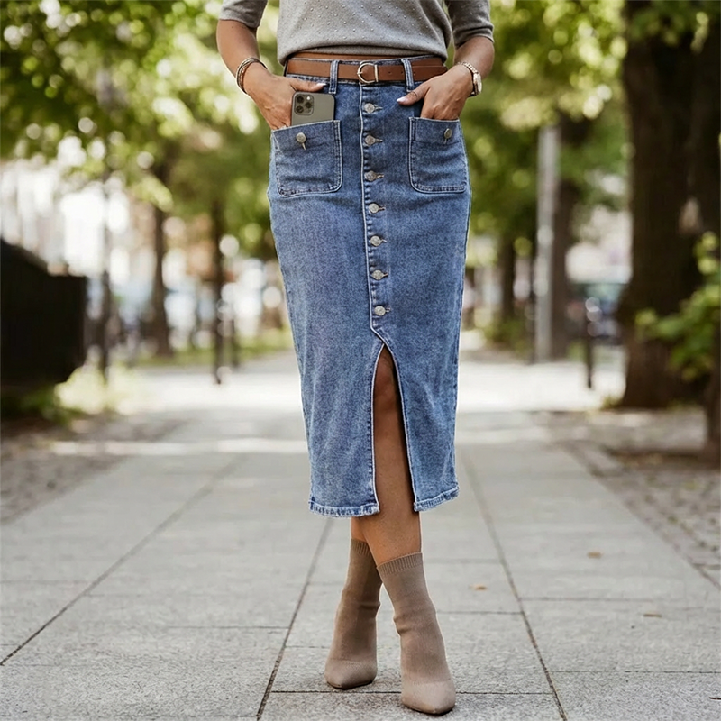 High-Waist Button-Front Denim Skirt
