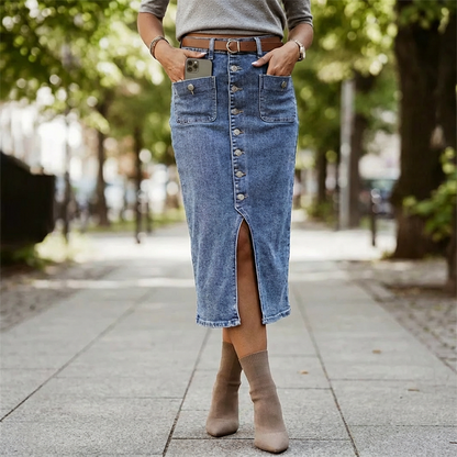 High-Waist Button-Front Denim Skirt