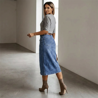 High-Waist Button-Front Denim Skirt