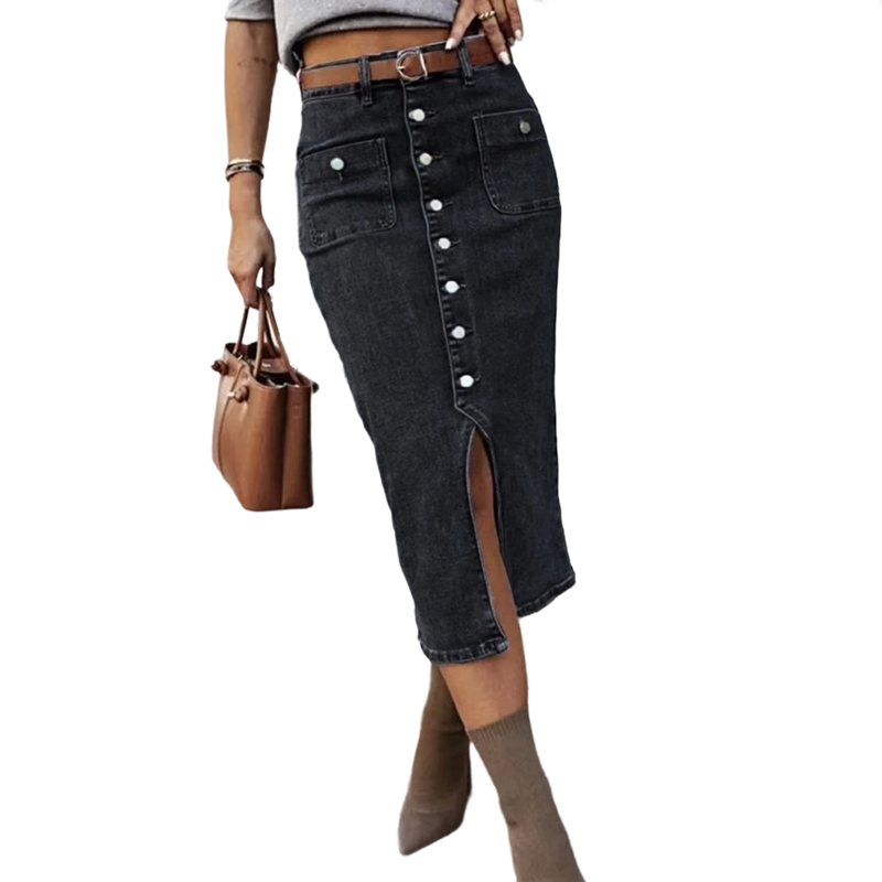 High-Waist Button-Front Denim Skirt