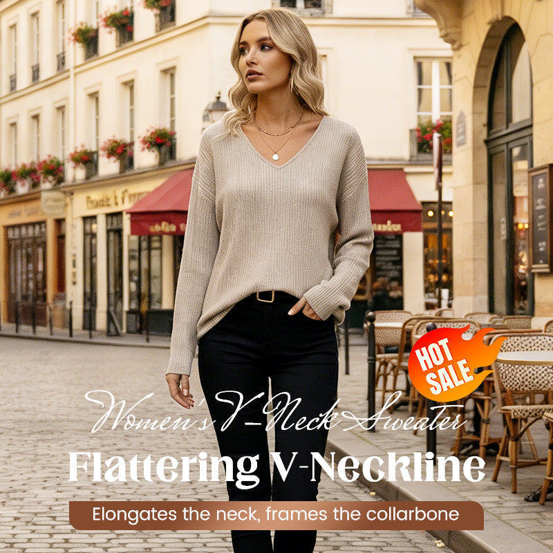 Women's V-Neck Sweater with Elegant Back Bow Tie