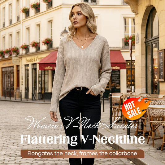 Women's V-Neck Sweater with Elegant Back Bow Tie