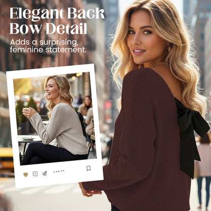Women's V-Neck Sweater with Elegant Back Bow Tie