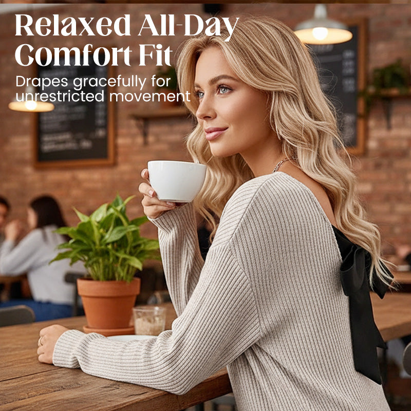 Women's V-Neck Sweater with Elegant Back Bow Tie