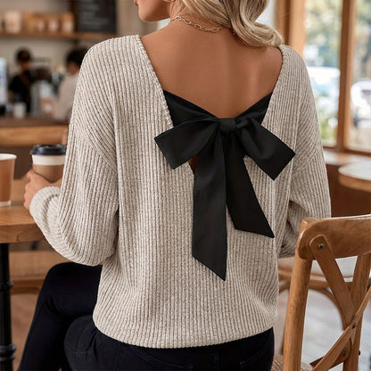 Women's V-Neck Sweater with Elegant Back Bow Tie