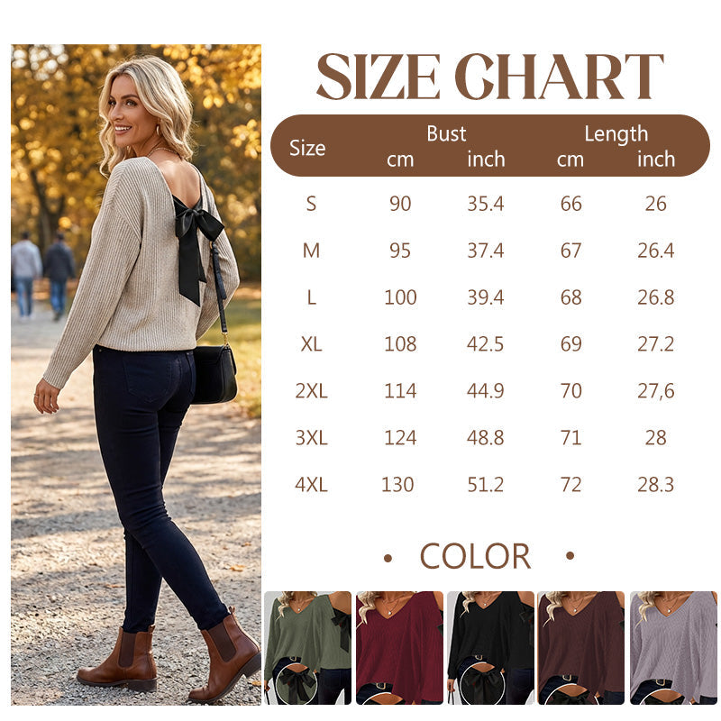 Women's V-Neck Sweater with Elegant Back Bow Tie