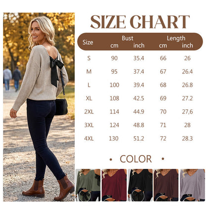 Women's V-Neck Sweater with Elegant Back Bow Tie