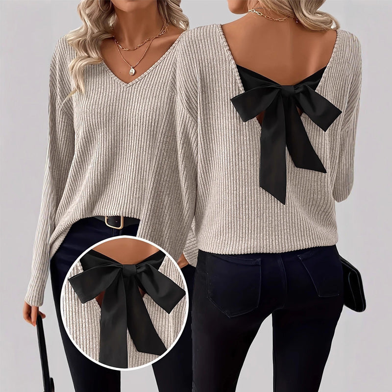 Women's V-Neck Sweater with Elegant Back Bow Tie
