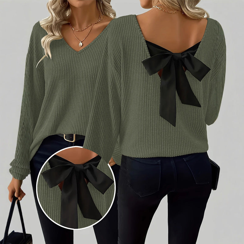 Women's V-Neck Sweater with Elegant Back Bow Tie