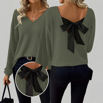 Women's V-Neck Sweater with Elegant Back Bow Tie