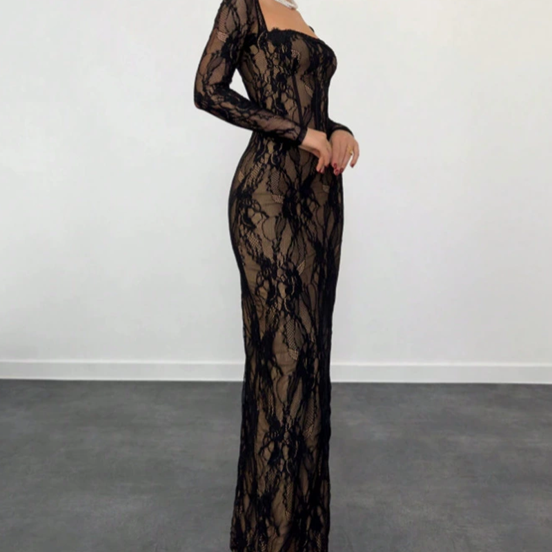 Women's Long Sleeve Lace Overlay Maxi Bodycon Dress