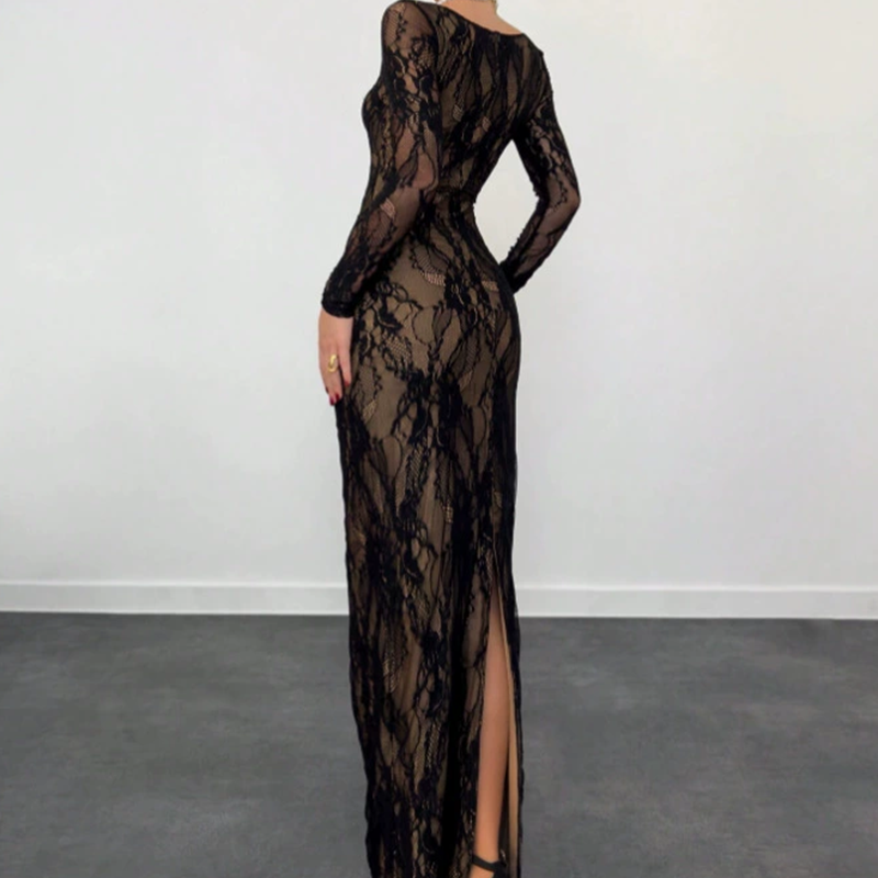 Women's Long Sleeve Lace Overlay Maxi Bodycon Dress