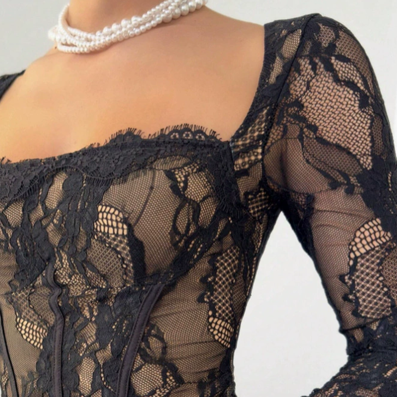 Women's Long Sleeve Lace Overlay Maxi Bodycon Dress