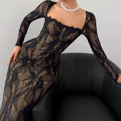 Women's Long Sleeve Lace Overlay Maxi Bodycon Dress