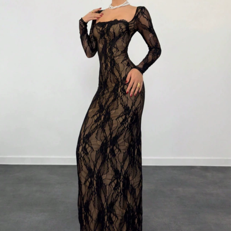 Women's Long Sleeve Lace Overlay Maxi Bodycon Dress