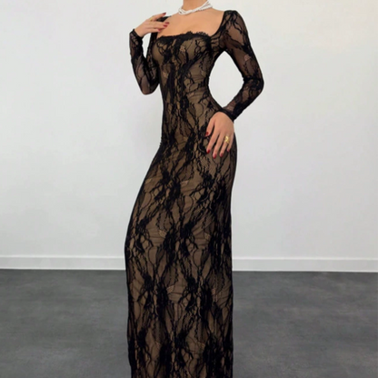 Women's Long Sleeve Lace Overlay Maxi Bodycon Dress