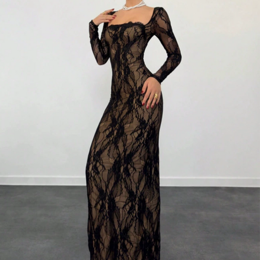 Women's Long Sleeve Lace Overlay Maxi Bodycon Dress