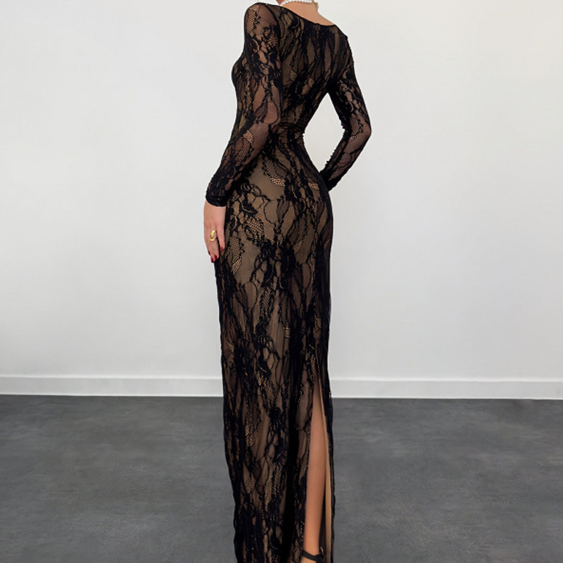 Women's Long Sleeve Lace Overlay Maxi Bodycon Dress