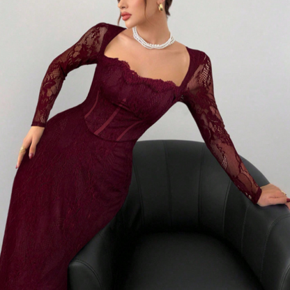 Women's Long Sleeve Lace Overlay Maxi Bodycon Dress