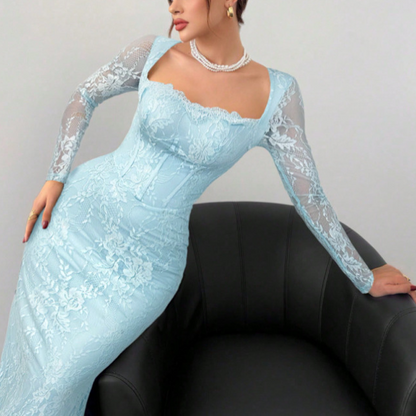 Women's Long Sleeve Lace Overlay Maxi Bodycon Dress