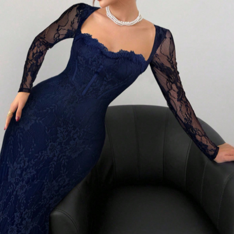 Women's Long Sleeve Lace Overlay Maxi Bodycon Dress