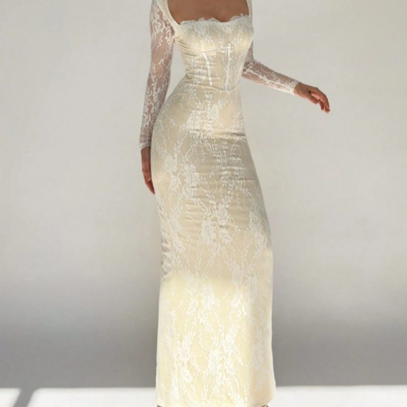 Women's Long Sleeve Lace Overlay Maxi Bodycon Dress