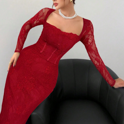 Women's Long Sleeve Lace Overlay Maxi Bodycon Dress