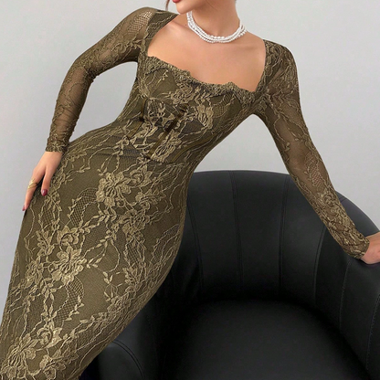 Women's Long Sleeve Lace Overlay Maxi Bodycon Dress