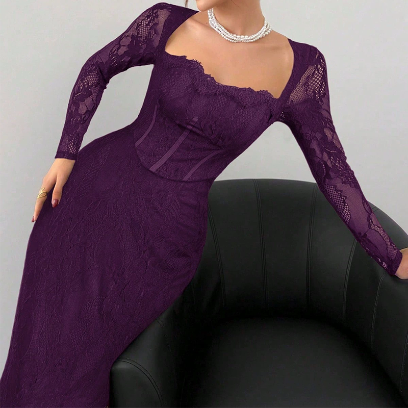 Women's Long Sleeve Lace Overlay Maxi Bodycon Dress