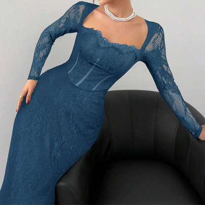 Women's Long Sleeve Lace Overlay Maxi Bodycon Dress