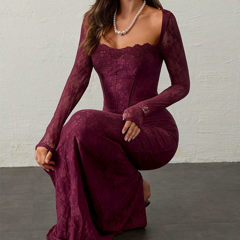 Women's Long Sleeve Lace Overlay Maxi Bodycon Dress