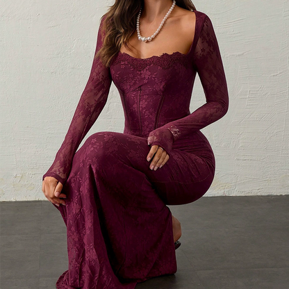 Women's Long Sleeve Lace Overlay Maxi Bodycon Dress