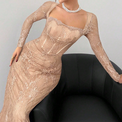 Women's Long Sleeve Lace Overlay Maxi Bodycon Dress