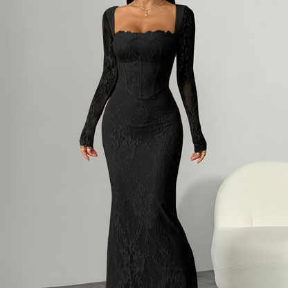 Women's Long Sleeve Lace Overlay Maxi Bodycon Dress