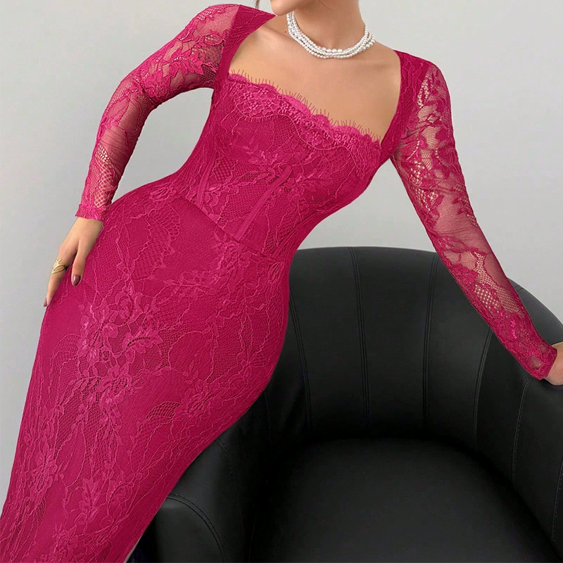 Women's Long Sleeve Lace Overlay Maxi Bodycon Dress