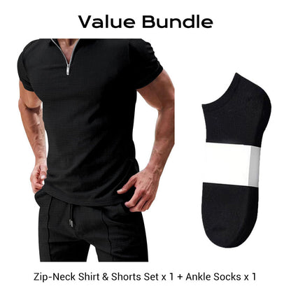 Summer Casual Zip-Neck Shirt & Shorts Set